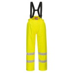 A pair of high-visibility yellow trousers featuring retroreflective tape panels, flame-resistant fabric, suitable for a wide range of outdoor and site work applications.