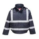 A navy blue waterproof jacket featuring flame-resistant fabric, suitable for a wide range of outdoor and site work applications.