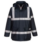 A navy blue waterproof jacket featuring flame-resistant fabric, suitable for a wide range of outdoor and site work applications.