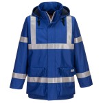 A blue waterproof jacket featuring flame-resistant fabric, suitable for a wide range of outdoor and site work applications.