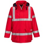 A red waterproof jacket featuring flame-resistant fabric, suitable for a wide range of outdoor and site work applications.