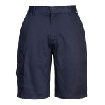 A women's navy blue workwear garment designed for use on construction sites and in industrial work environments.,