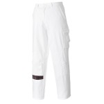 A pair of white work trousers designed for use on construction sites and in industrial work environments.,