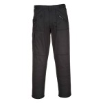 A pair of black work trousers designed for use on construction sites and in industrial work environments.,