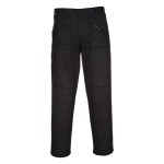 A pair of black work trousers designed for use on construction sites and in industrial work environments.,