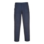 A pair of navy blue work trousers designed for use on construction sites and in industrial work environments.,