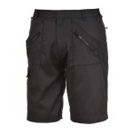 A black workwear garment designed for use on construction sites and in industrial work environments.,