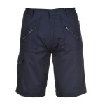 A navy blue workwear garment designed for use on construction sites and in industrial work environments.,