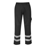 A pair of black work trousers designed for use on construction sites and in industrial work environments.,