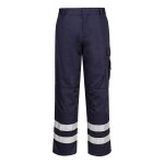A pair of navy blue work trousers designed for use on construction sites and in industrial work environments.,