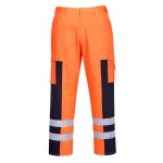A pair of high-visibility orange trousers featuring retroreflective tape panels, suitable for a wide range of outdoor and site work applications.
