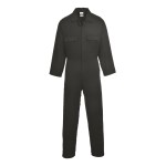 A black coverall designed for use on construction sites and in industrial work environments.,