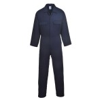 A navy blue coverall designed for use on construction sites and in industrial work environments.,