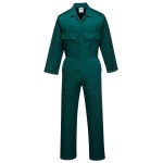 A green coverall designed for use on construction sites and in industrial work environments.,