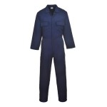 A navy blue coverall designed for use on construction sites and in industrial work environments.,