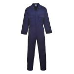 A navy blue coverall designed for use on construction sites and in industrial work environments.,