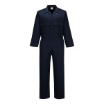 A black coverall designed for use on construction sites and in industrial work environments.,