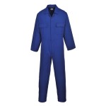 A blue coverall designed for use on construction sites and in industrial work environments.,