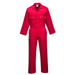 A red coverall designed for use on construction sites and in industrial work environments.,