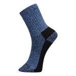 A pair of blue work socks with reinforced heel and toe, designed for comfort during extended wear in work boots.