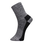 A pair of grey work socks with reinforced heel and toe, designed for comfort during extended wear in work boots.