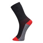 A pair of black work socks with reinforced heel and toe, designed for comfort during extended wear in work boots.
