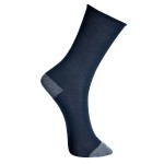 A pair of black work socks with reinforced heel and toe, designed for comfort during extended wear in work boots.