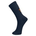 A pair of navy blue work socks with reinforced heel and toe, designed for comfort during extended wear in work boots.