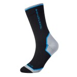A pair of black work socks with reinforced heel and toe, designed for comfort during extended wear in work boots.