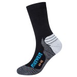 A pair of black work socks with reinforced heel and toe, designed for comfort during extended wear in work boots.