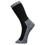 A pair of black work socks with reinforced heel and toe, designed for comfort during extended wear in work boots.