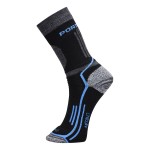 A pair of black work socks with reinforced heel and toe, designed for comfort during extended wear in work boots.