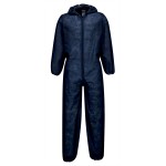 A navy blue coverall designed for use on construction sites and in industrial work environments.,
