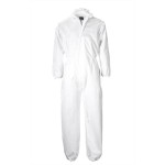 A white coverall designed for use on construction sites and in industrial work environments.,