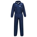 A navy blue coverall designed for use on construction sites and in industrial work environments.,
