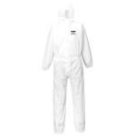 A white coverall designed for use on construction sites and in industrial work environments.,