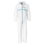 A white coverall designed for use on construction sites and in industrial work environments.,