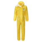 A yellow coverall designed for use on construction sites and in industrial work environments.,