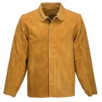 A tan jacket featuring flame-resistant fabric, suitable for a wide range of outdoor and site work applications.