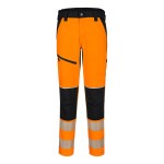 A pair of high-visibility orange trousers featuring retroreflective tape panels, stretch panels for ease of movement, suitable for a wide range of outdoor and site work applications.