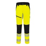 A pair of high-visibility yellow trousers featuring retroreflective tape panels, stretch panels for ease of movement, suitable for a wide range of outdoor and site work applications.