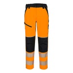 A pair of women's high-visibility orange trousers featuring retroreflective tape panels, stretch panels for ease of movement, suitable for a wide range of outdoor and site work applications.