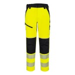 A pair of women's high-visibility yellow trousers featuring retroreflective tape panels, stretch panels for ease of movement, suitable for a wide range of outdoor and site work applications.