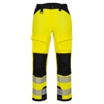 A pair of high-visibility yellow trousers featuring retroreflective tape panels, suitable for a wide range of outdoor and site work applications.