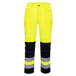 A pair of high-visibility yellow trousers featuring retroreflective tape panels, suitable for a wide range of outdoor and site work applications.