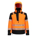 A high-visibility orange waterproof jacket featuring retroreflective tape panels, suitable for a wide range of outdoor and site work applications.