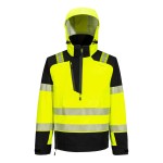 A high-visibility yellow waterproof jacket featuring retroreflective tape panels, suitable for a wide range of outdoor and site work applications.