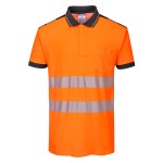 A high-visibility orange polo shirt featuring retroreflective tape panels, suitable for a wide range of outdoor and site work applications.