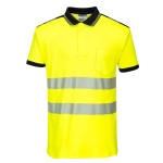 A high-visibility yellow polo shirt featuring retroreflective tape panels, suitable for a wide range of outdoor and site work applications.