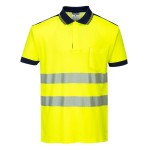A high-visibility yellow polo shirt featuring retroreflective tape panels, suitable for a wide range of outdoor and site work applications.